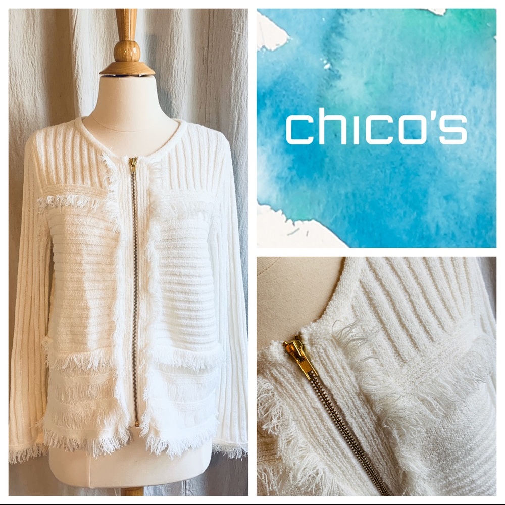 Chico’s White Zip Eyelash Sweater Jacket Size 1